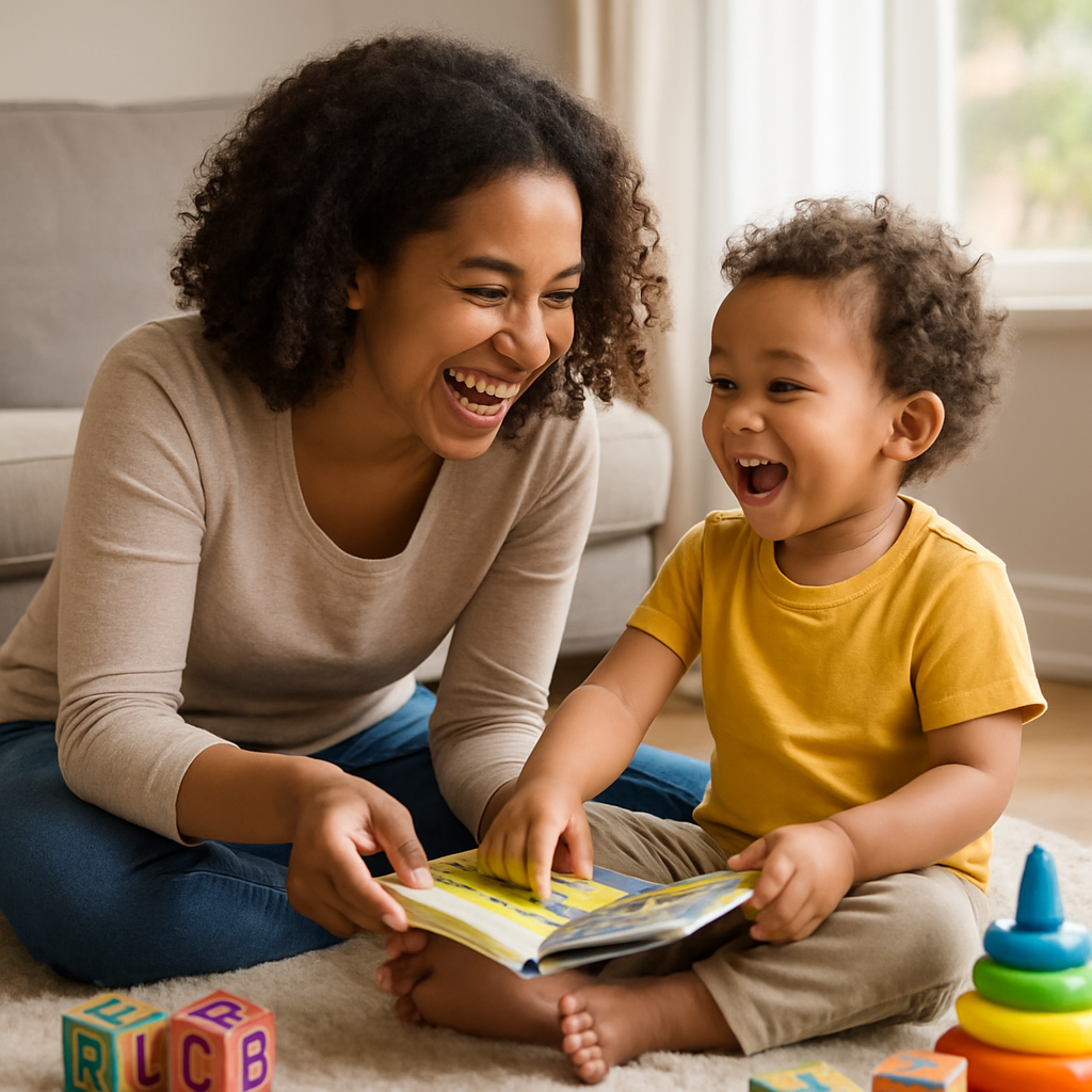A cheerful toddler learning to talk with their mother during playtime at home, symbolizing early language development in English.